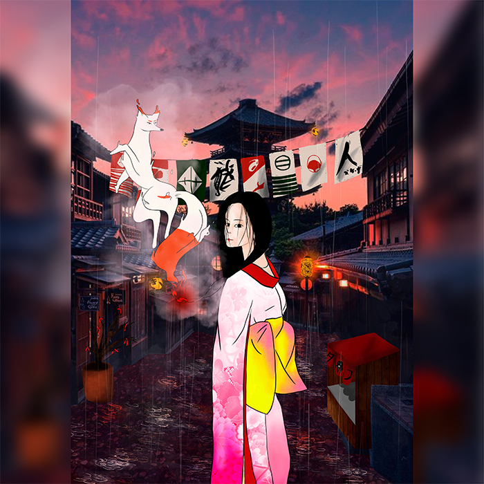 Illustrazione geisha e kitsune